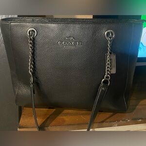 Coach Camie Black Leather Tote Bag, Gun Metal, Metal handtag